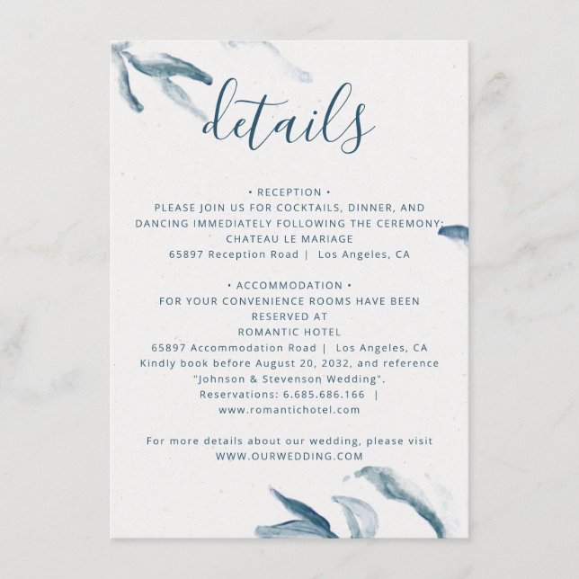Carte D'accompagnement Elégant bleu aquarelle simple mariage botanique (Devant)