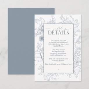 Carte D'accompagnement Elégant bleu Dusty Floral Line Art Mariage Détails
