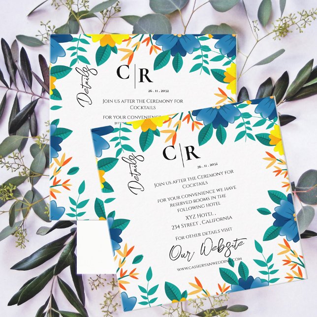 Carte D'accompagnement Elégant bleu et jaune Mariage Détails (Elegant Blue and Yellow Floral Wedding Details Enclosure Card)