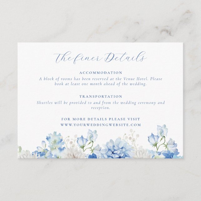 Carte D'accompagnement Elégant bleu Floral Détails du Mariage (Devant)