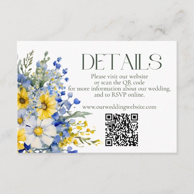 Carte D'accompagnement Elégant bleu Jaune Fleur sauvage Détails Mariage Q (Devant)