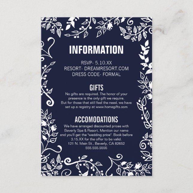 Carte D'accompagnement Elégant bleu marine Blanc Floral Information Maria (Devant)