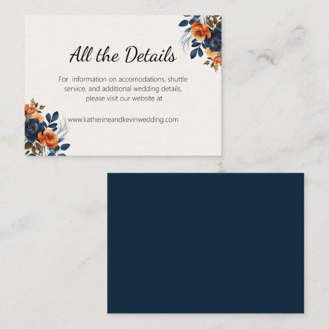 Carte D'accompagnement Elégant bleu marine Orange floral (Devant / Derrière)