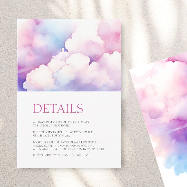 Carte D'accompagnement Élégant bleu rose Clouds blancs Monogramme Mariage (Elegant Pink Blue White Clouds Monogram Wedding Enclosure Card)