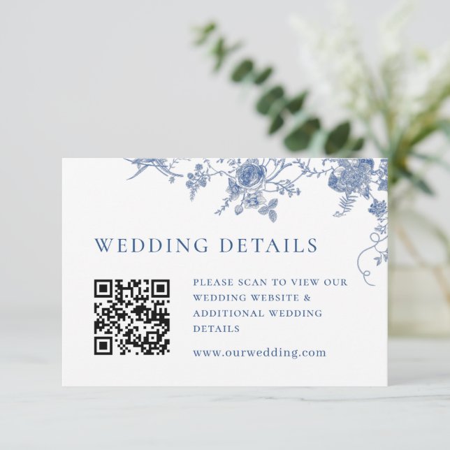Carte D'accompagnement Elégant bleu victorien Floral code QR Détails (Debout devant)