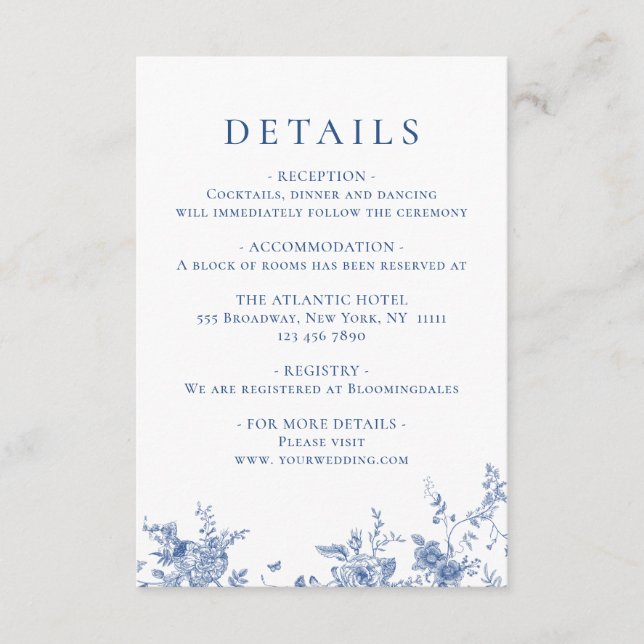 Carte D'accompagnement Elégant bleu victorien Floral Détails du Mariage (Devant)