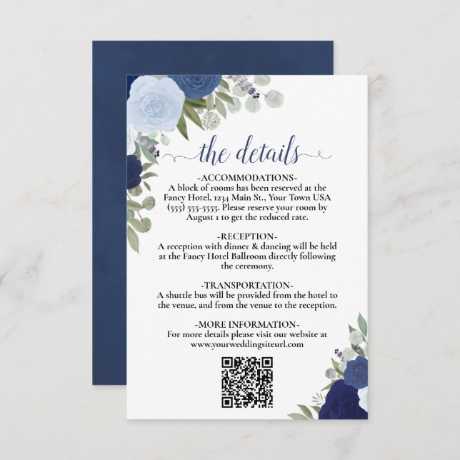 Carte D'accompagnement Elegant Blue Boho Rose Détails Mariage QR Code (Devant / Derrière)