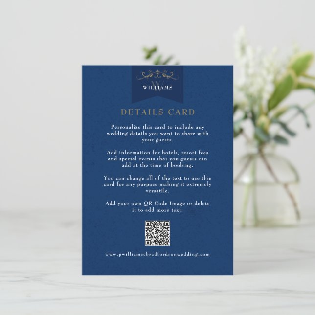 Carte D'accompagnement Elegant Blue Chic Chapitre Page Détails du Mariage (Debout devant)