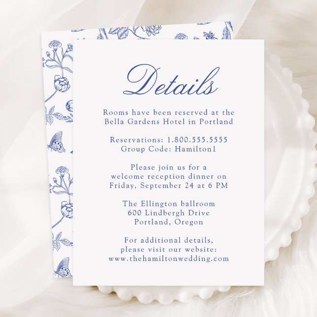 Carte D'accompagnement Elegant Blue Chinoiserie Floral Détails du Mariage (Créateur téléchargé)