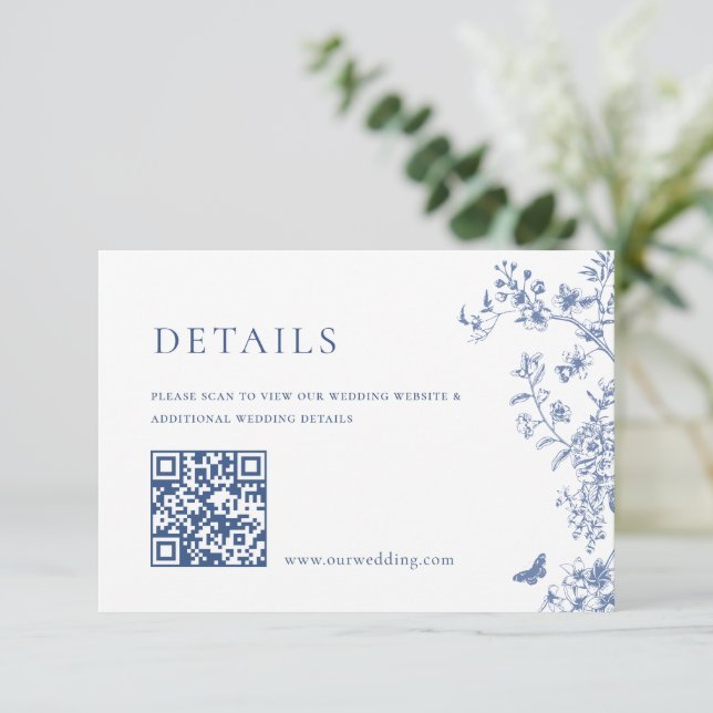 Carte D'accompagnement Elégant Blue French Garden Floral Détails Mariage (Debout devant)