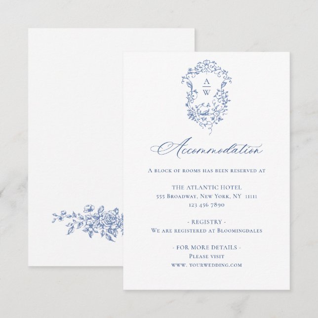 Carte D'accompagnement Elégant Blue French Garden Floral Détails Mariage (Devant / Derrière)