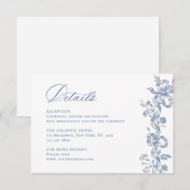 Carte D'accompagnement Elégant Blue French Garden Floral Détails Mariage (Devant / Derrière)