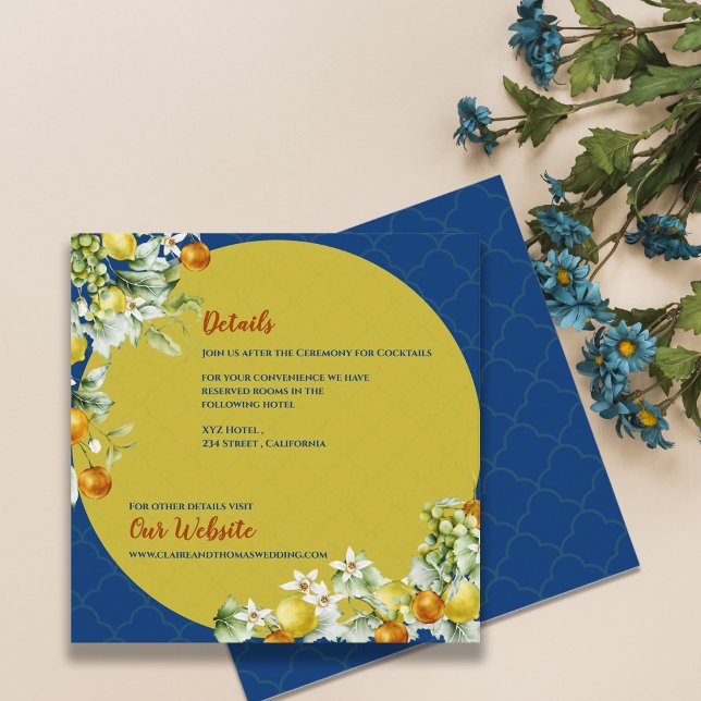 Carte D'accompagnement Elegant Blue Gold Citrus Floral Wedding Details (Elegant Blue Gold Citrus Floral Wedding Details Enclosure Card)