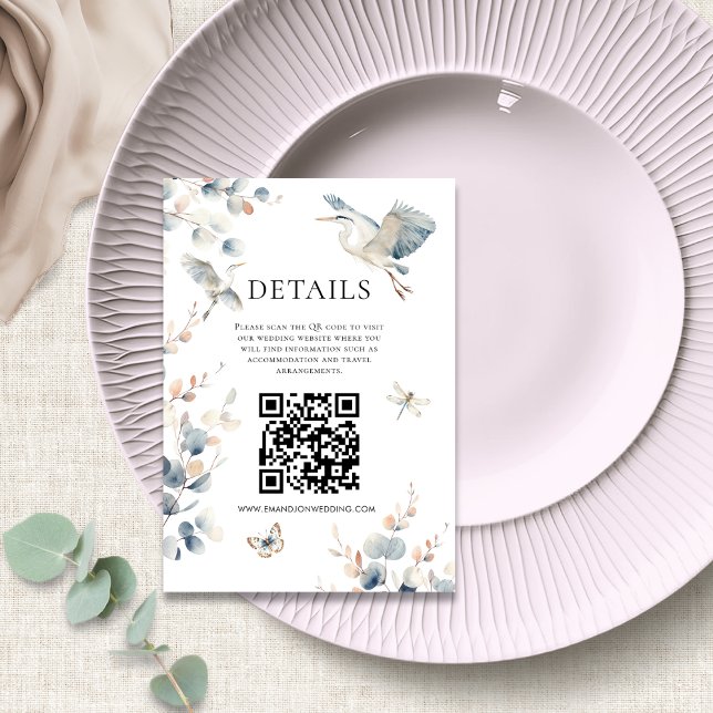 Carte D'accompagnement Elegant Blue Heron Code QR Détails du Mariage (Créateur téléchargé)