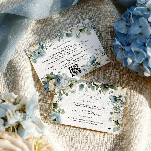 Carte D'accompagnement Elégant Blue Hydrangea Ivory Rose Détails Mariage (Elegant Blue Hydrangea Ivory Rose Wedding Details Enclosure Card)