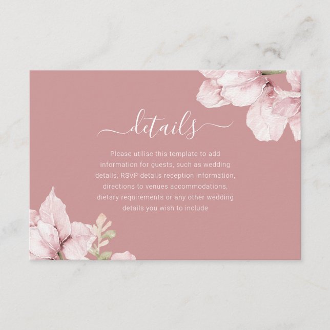 Carte D'accompagnement Elégant Blush Floral Dusty Rose Détails du Mariage (Devant)