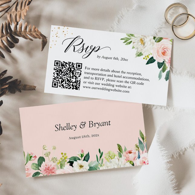 Carte D'accompagnement Elegant Blush Floral Mariage Website RSVP QR Code (Créateur téléchargé)