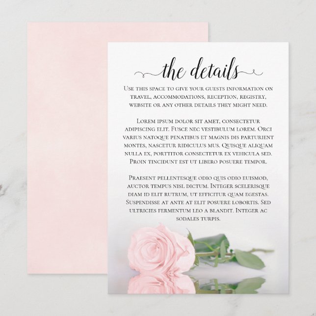 Carte D'accompagnement Élégant Blush Pink Romantique Rose Détails Mariage (Devant / Derrière)