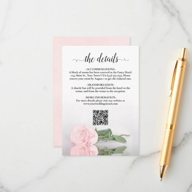 Carte D'accompagnement Elegant Blush Rose Détails du Mariage QR Code (Devant/Arrière en situation)