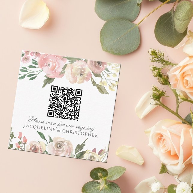 Carte D'accompagnement Élégant Blush rose Mariage registre Floral Code QR (Créateur téléchargé)