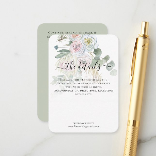 Carte D'accompagnement Elegant Boho Eucalyptus Florals Détails du Mariage (Devant/Arrière en situation)