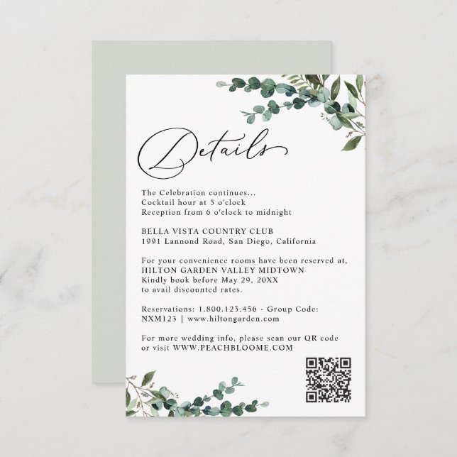 Carte D'accompagnement Elegant Botanical Greenery QR Code Wedding Details (Devant / Derrière)