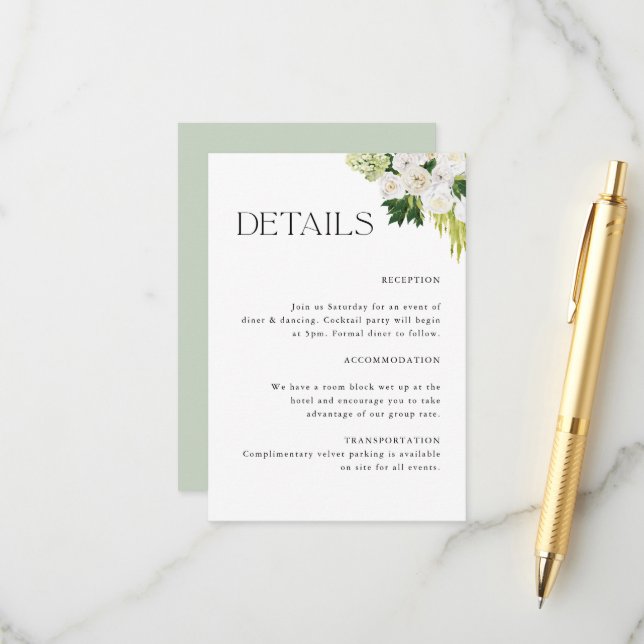Carte D'accompagnement Elégant Botanique Floral Détails du Mariage (Devant/Arrière en situation)