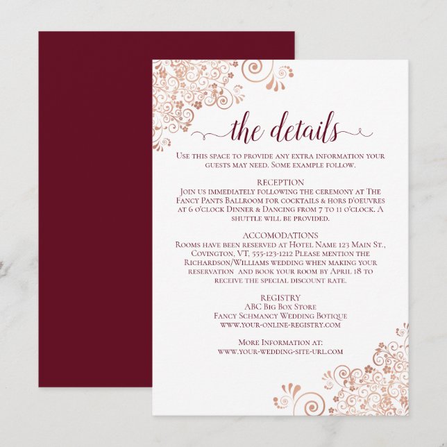 Carte D'accompagnement Elegant Bourgogne & Rose Gold Détails du Mariage (Devant / Derrière)