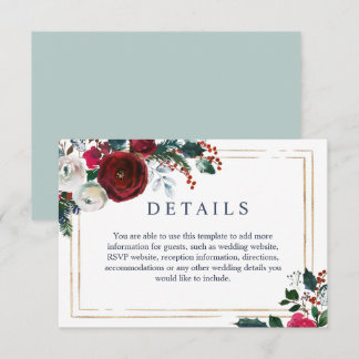 Carte D'accompagnement Elegant Bourgogne Winter Roses Détails Mariage