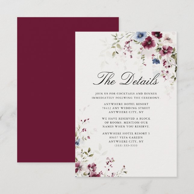 Carte D'accompagnement Elégant Burgundy Aquarelle Floral Détails du Maria (Devant / Derrière)