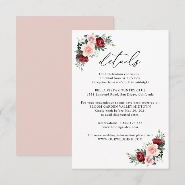 Carte D'accompagnement Elégant Burgundy Blush Floral Détails du Mariage (Devant / Derrière)