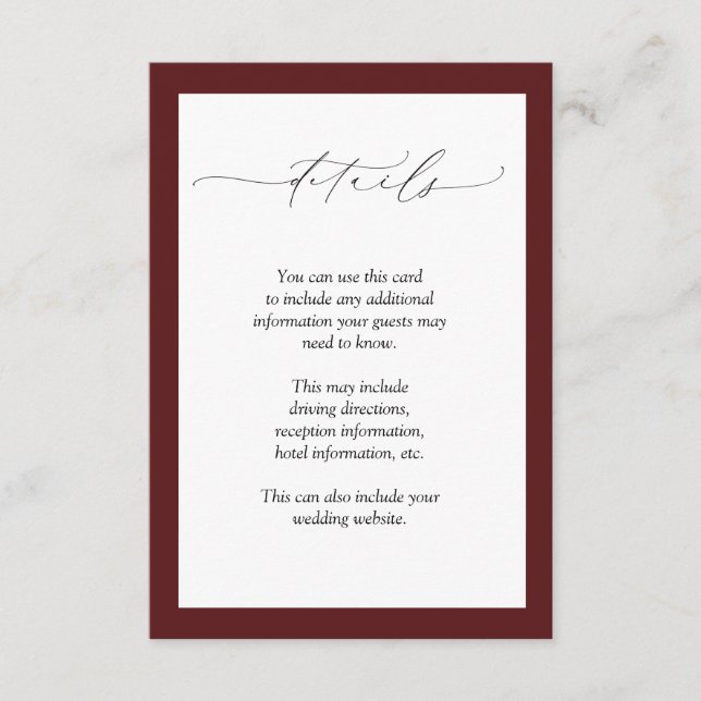 Carte D'accompagnement Elégant Burgundy Blush Floral Détails du Mariage (Devant)
