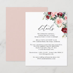 Carte D'accompagnement Elégant Burgundy Blush Floral Détails du Mariage
