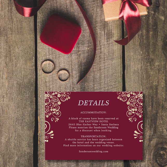 Carte D'accompagnement Elegant Burgundy Gold Détails du Mariage (Créateur téléchargé)