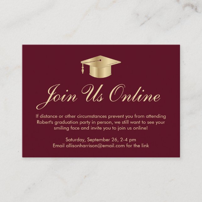 Carte D'accompagnement Elégant Burgundy Gold Online Graduation Party (Devant)