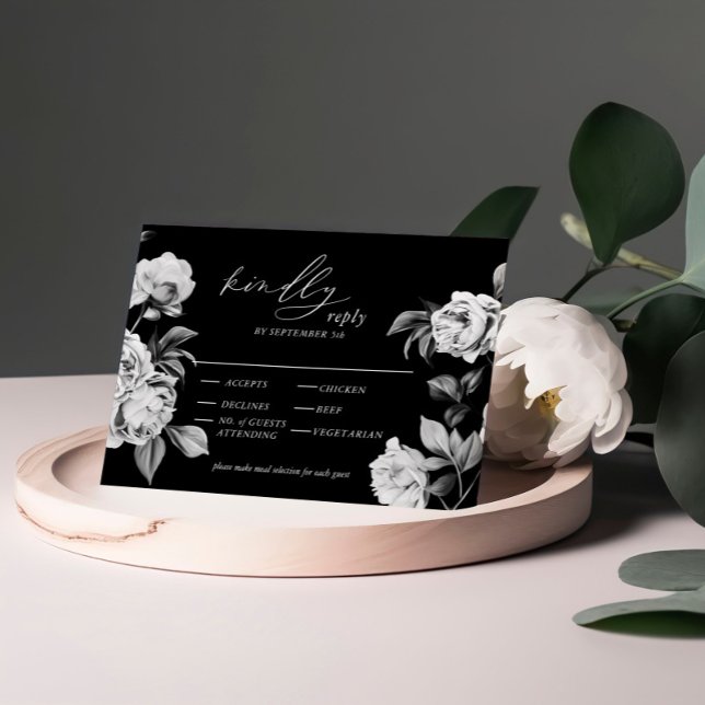 Carte D'accompagnement Élégant Carton de Réponse de Mariage Floral Noir & (Créateur téléchargé)