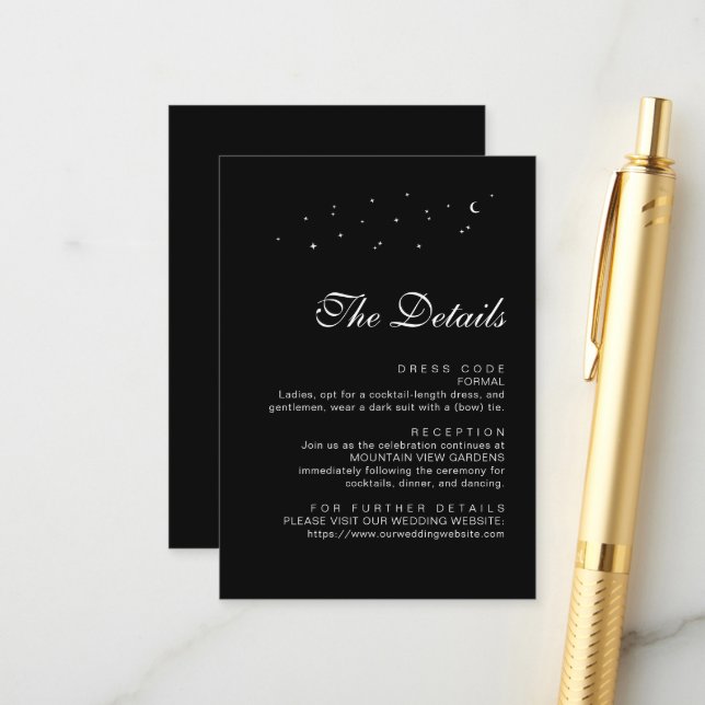 Carte D'accompagnement Elégant céleste minimal noir Détails du Mariage (Devant/Arrière en situation)