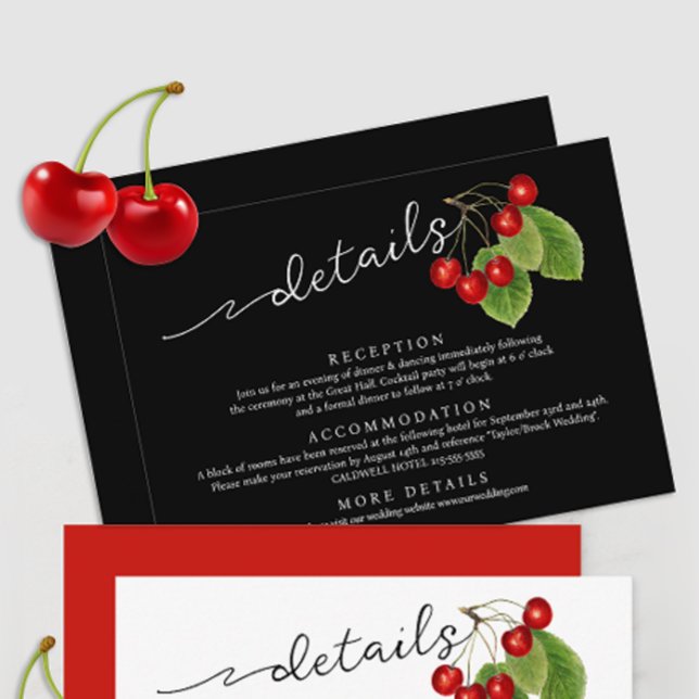 Carte D'accompagnement Elegant Cerises Noir Blanc Rouge Détails Mariage (Créateur téléchargé)