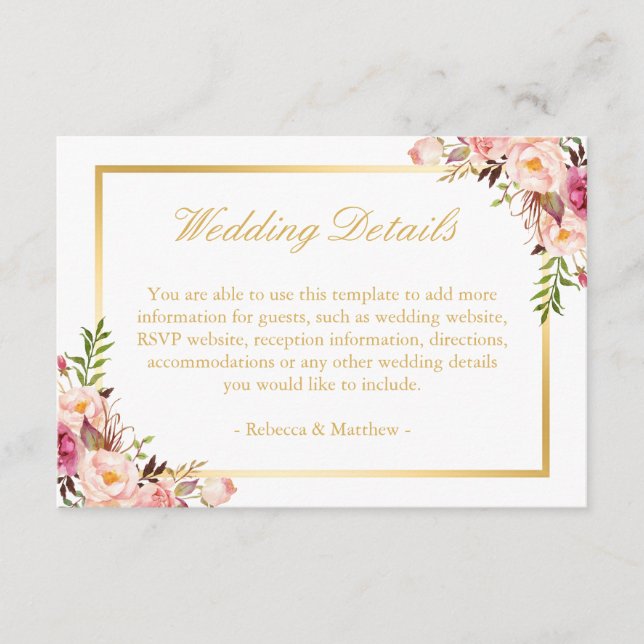 Carte D'accompagnement Elegant Chic Gold Rose Floral Détails du Mariage (Devant)