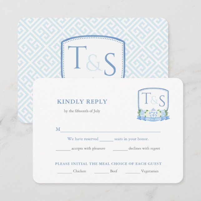 Carte D'accompagnement Élégant choix de repas Mariage bleu et blanc RSVP (Devant / Derrière)