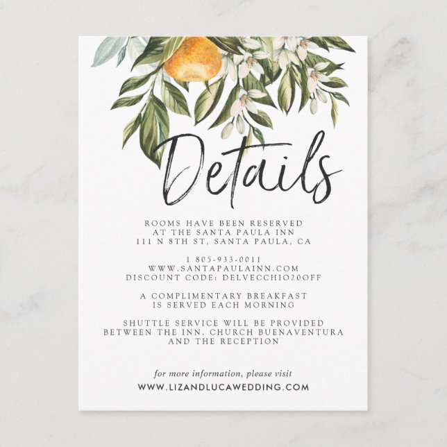 Carte D'accompagnement Elegant Citrus Orchard Boho Mariage Détails du cli (Devant)