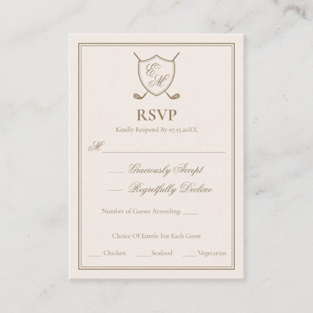 Carte D'accompagnement Élégant Classic Crest Monogram Mariage de golf (Devant)