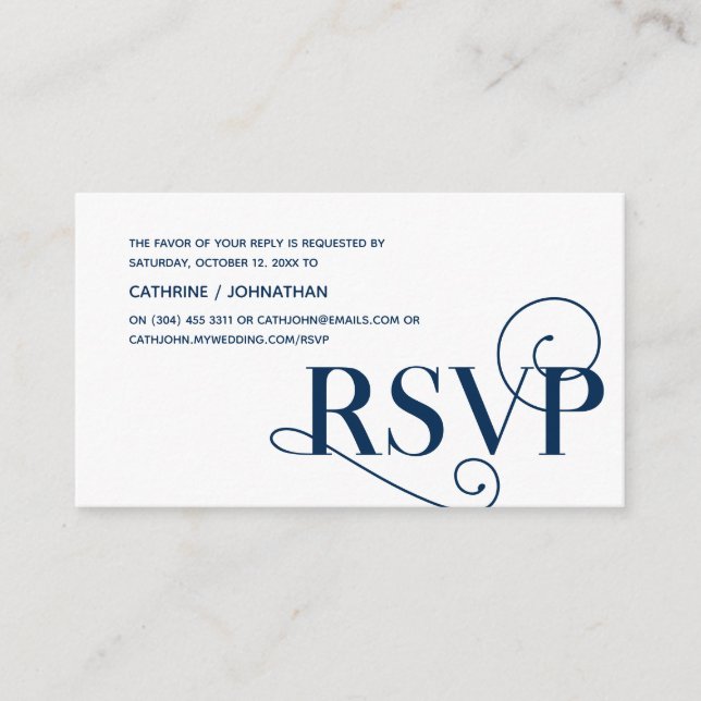 Carte D'accompagnement Elegant Classy, Navy Blue Script, réponse RSVP (Devant)