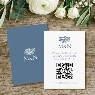 Carte D'accompagnement Élégant Code QR Monogramme Mariage RSVP Bleu Blanc