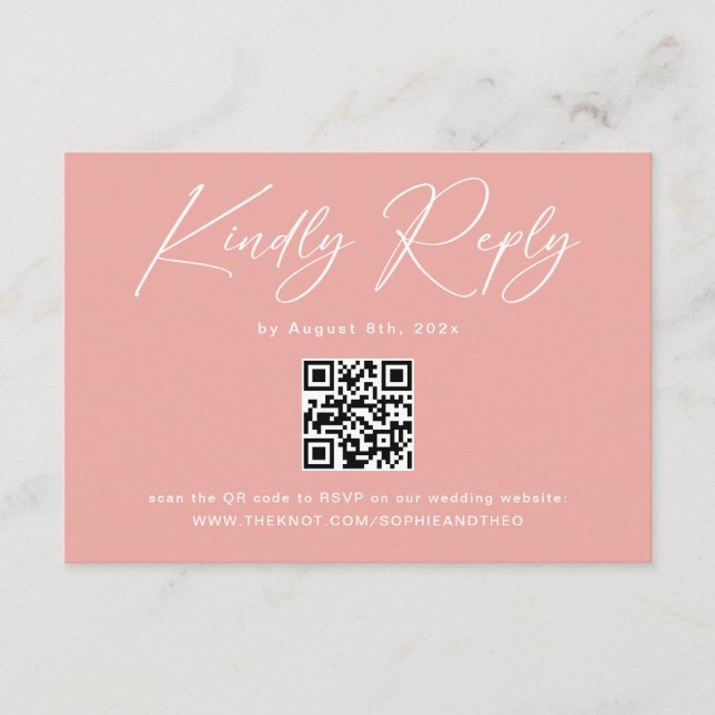 Carte D'accompagnement Élégant Code QR Rose RSVP de Mariage (Devant)