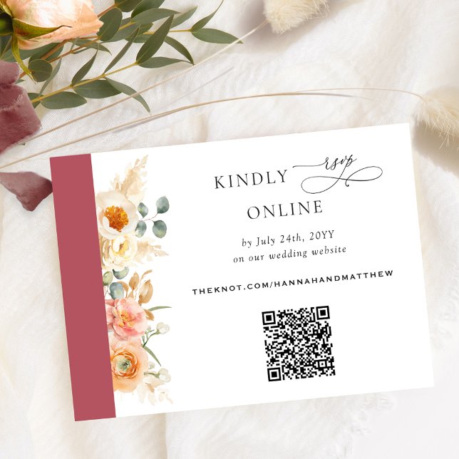 Carte D'accompagnement Elégant code QR RSVP Peach et Mariage Bourgogne (Créateur téléchargé)
