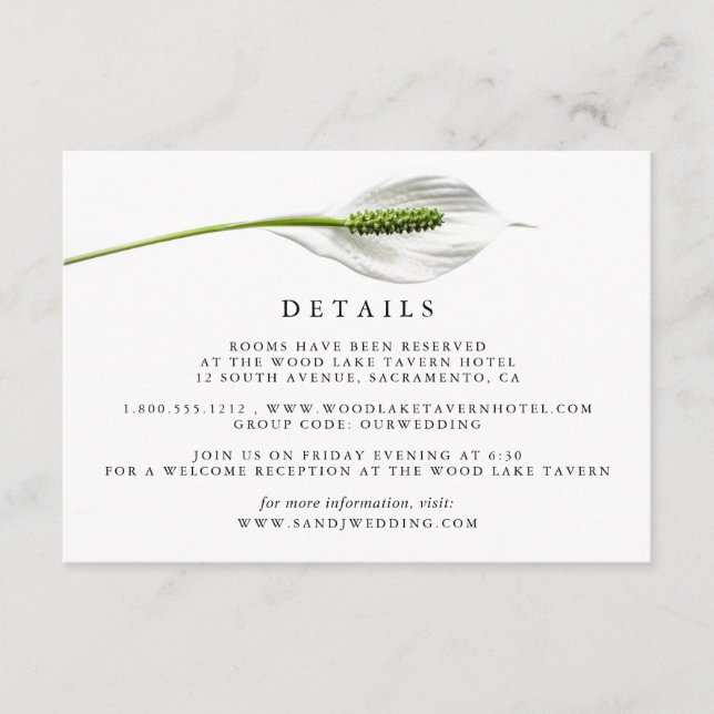 Carte D'accompagnement Elegant Cotton White Peace Lily Détails de l'invit (Devant)