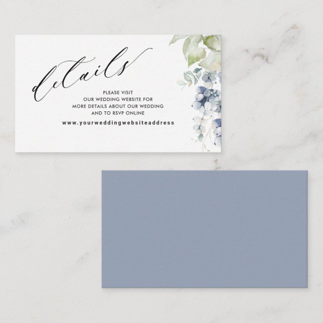 Carte D'accompagnement Elégant Dusty Blue Floral Mariage Website /Détails (Devant / Derrière)