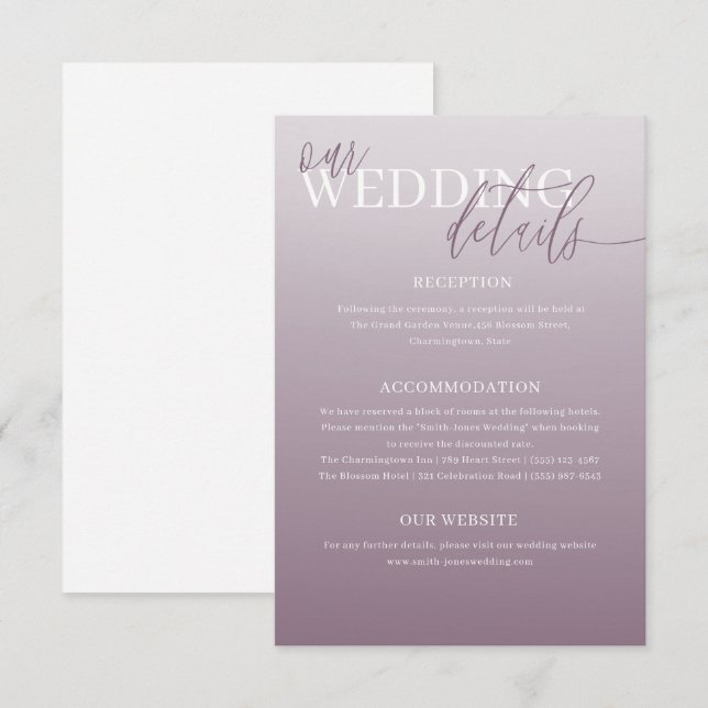 Carte D'accompagnement Elegant Dusty Purple Détails du Mariage (Devant / Derrière)