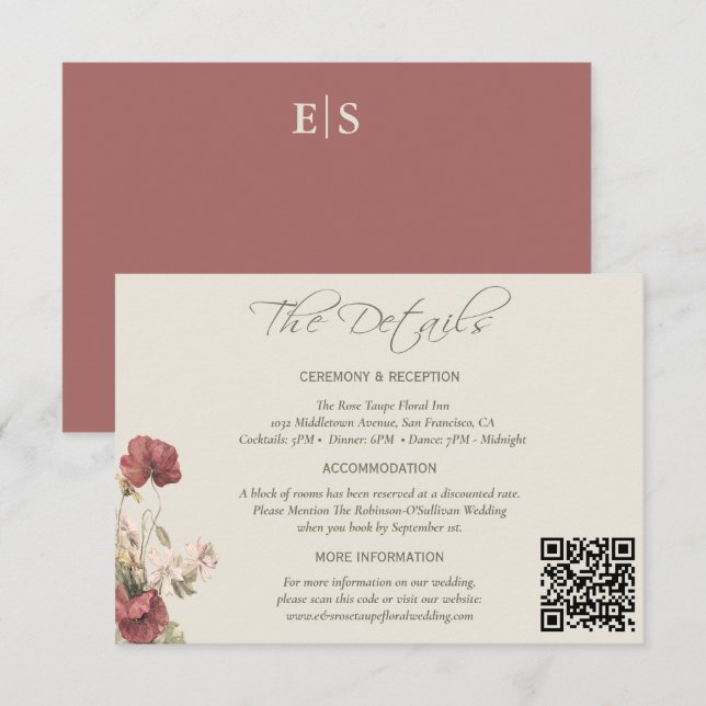 Carte D'accompagnement Elégant Dusty Rose Floral Mariage Les Détails (Devant / Derrière)